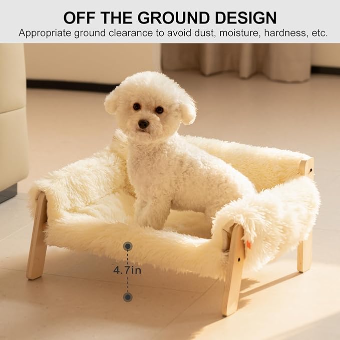 MEWOOFUN Cat Couch Bed, Pet Sofa for Indoor Cats Wooden Indoor Elevated Cat Beds with Removable Mattress Cover Suitable for Kitty, Puppy or Small Animal (Beige, Medium)