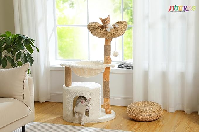 Modern Cat Tree for Large Cats, Wood Cat Tower for Indoor Cats, Real Branch Luxury Cat Furniture with Super Large Cozy Condo and Hammock & Scratching Post, Top Basket, White