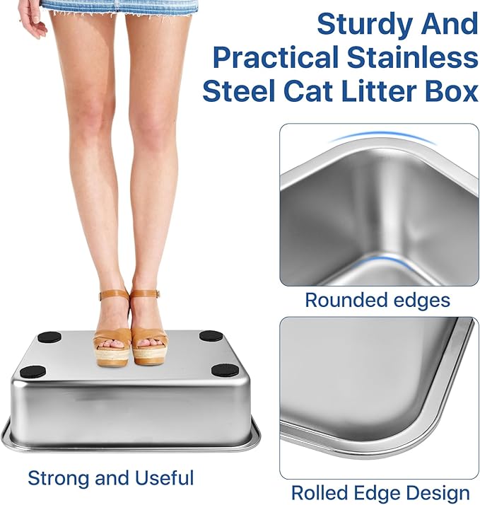 Stainless Steel Cat Litter Box, 16 x 12 x 4 Large Litter Box, Non Stick Kitty Litter Pan with Metal Litter Scoop and Anti Slip Stickers for Kitten, Guinea Pig and Rabbit