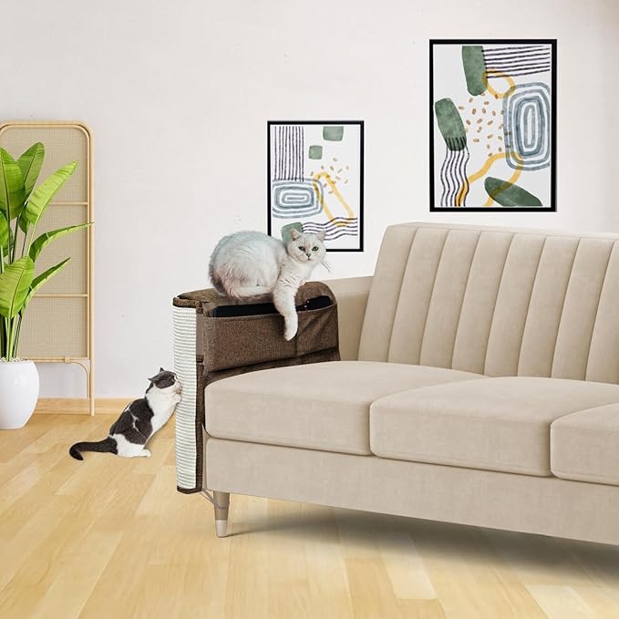 Upgraded Cat Scratch Furniture Protector,Cat Scratch Sofa Arm Sheild with 27.6’‘L*19.6’‘W Natural Sisal and Scratch Ball for Protecting Couch Sofa Chair Furniture (Brown/Right Handed)