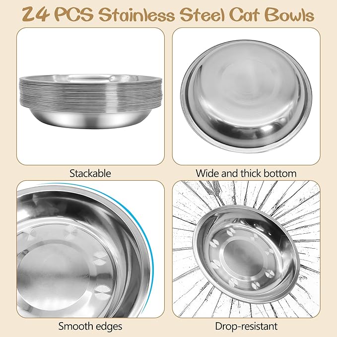 kathson Shallow Stainless Steel Cat Bowls 24 Pcs Whisker Fatigue Cat Dishes Flat Dog Feeding Saucers Pet Food and Water Plate Set for Kitten Puppy and Other Small Animals (7.00 Inch Dia)