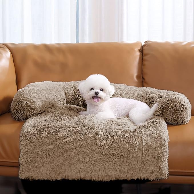 HACHIKITTY Calming Pet Sofa Bed Mat, Washable Plush Couch Cover, Furniture Protector for Dogs and Cats, Fluffy Dog Couch Bed with Anti-Slip Bottom (30"x 27"x 6", Camel)