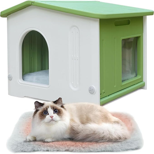 Plastic Cat House for Outdoor Use, Stackable Feral Cat Shelter Indoor Outside Cat House Insulated Weatherproof Waterproof with Cat Mat - Green