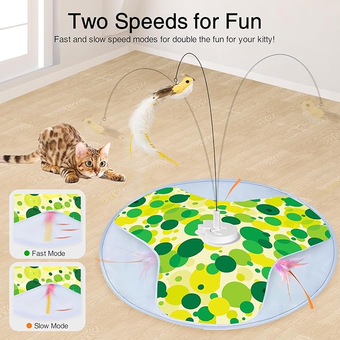 Interactive Cat Toy, Rechargeable Automatic Cat Toys for Indoor Cats, Motion Activated Hide and Seek Cat Toy with Bird Cat Wand, Moving Feather for Bored Indoor Adult Cats/Kittens