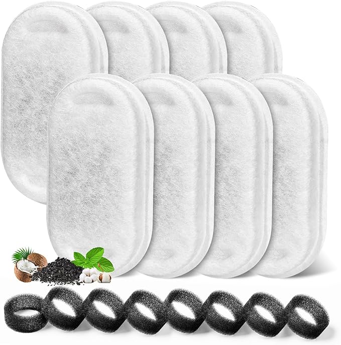 Cat Water Fountain Filter, Filters Replacement for 108Oz/3.2L&67Oz/2L&135Oz/4L Stainless Steel Pet Water Drinking Fountain, Dog Indoor Water Dispenser Fountain Carbon Filter (8 Filters & 8 Sponges)