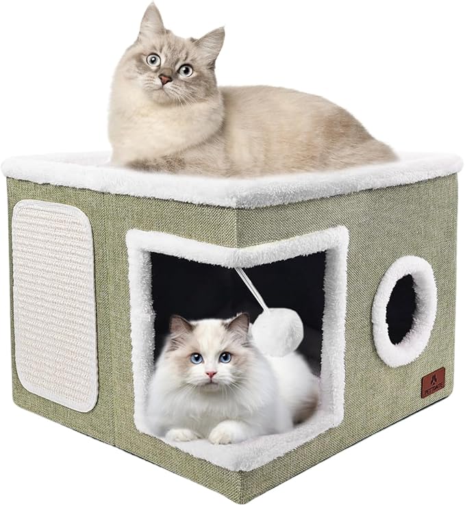 Cat Beds for Indoor Cats, Large Cat Cave Bed with Scratch Pad and Fluffy Ball, Foldable Cat Hideaway, Cat House with Reversible Cushion for Multi Small Pet Up to 30LBS, Green