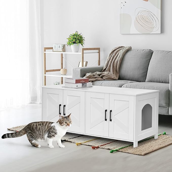Homhedy Cat Litter Box Enclosure For 2 cats, Litter Box Furniture Hidden with Double Room,Wooden Cat Washroom Furniture,Cat House,47.2”L x 19.7”W x 19.7”H,White