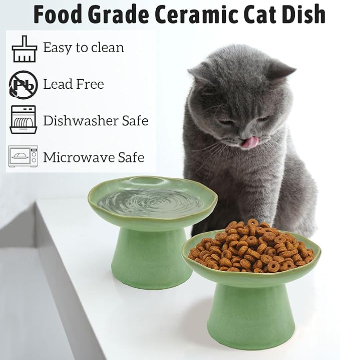 VCEPJH Elevated Shallow Cat Bowls 6.1in Ceramic Cat Food Plate Pack of 2 Raised Cats Dish Flat Anti Whisker Fatigue Wide Pet Food & Water Feeder for Indoor Kitty Kitten (Green)