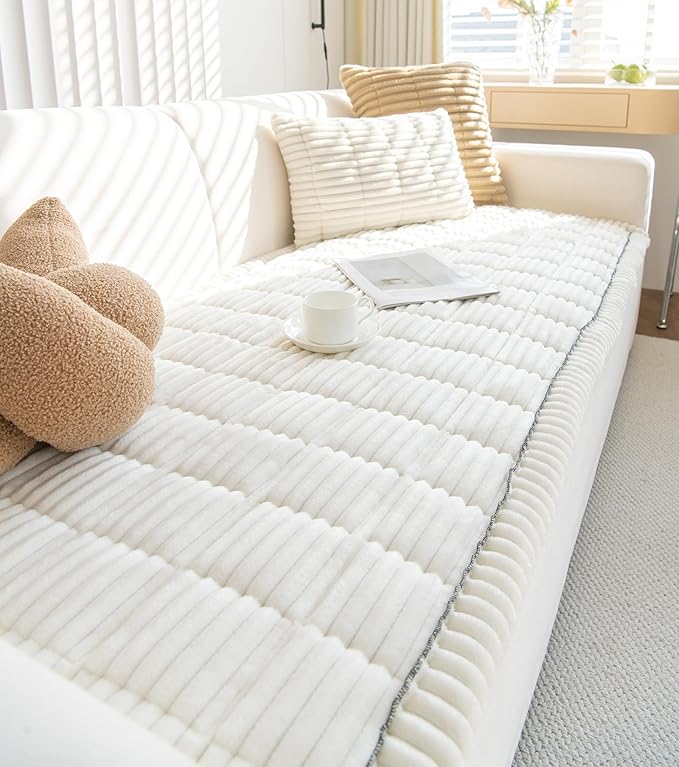 Faux Fur Plush Dog Couch Cover 3D Stripe Fuzzy Sofa Cover Non-Slip Fluffy Dog Bed Cover Pet Blanket Sofa Couch Furniture Protector for Puppy Large Dog Cat (Cream,28"x82")