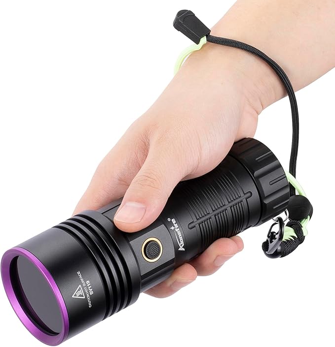 ALONEFIRE SV119 365nm UV Flashlight 90W Powerful Blacklight Digital Display USB C Rechargeable Black Light for Pet Urine Detector, Scorpion, Resin, Bed Bug, Fishing with UV Protective Glasses, Battery