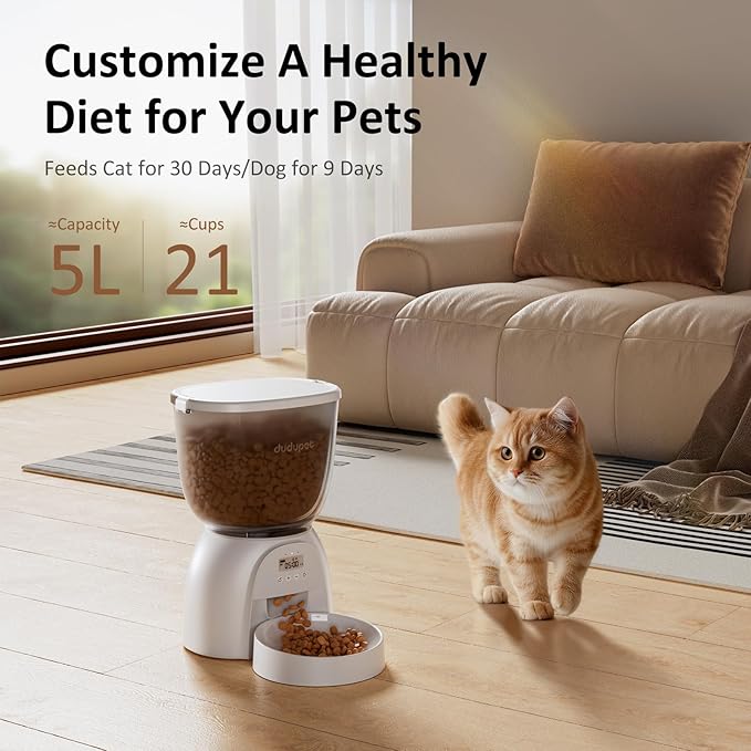 5L/21 Cup Automatic Cat Feeder, Timed Cat Food Dispenser, Automatic Pet Feeders Up to 6 Meals 1-20 Portion, Dual Power Supply Cats Feeder with Stainless Steel, Pet Dry Food Dispenser for Cats & Puppy
