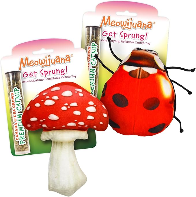 Meowijuana Refillable Cat Toys | Get Sprung - Ladybug and Mushroom Catnip Toys | Includes Potent Hand Harvested Catnip Grown in North America | Promotes Play and Cat Health
