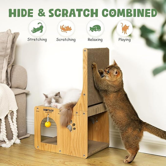 Cat Scratcher Pad for Indoor Cats, Cardboard Scratching Post Cat Scratch & Hideout with Box and Toy, Vertical Kitten Scratching Board House, Ideal for Cat to Scratch, Rest and Play