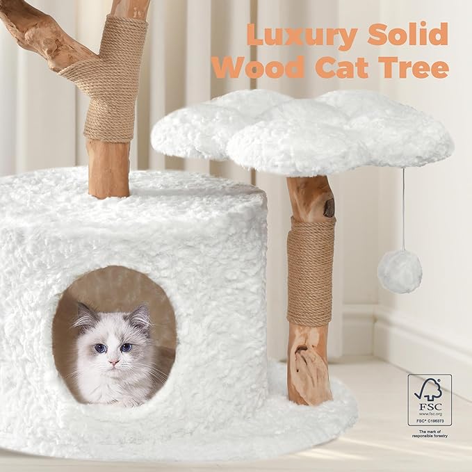 Easyego Modern Cat Tree, Aesthetic Wood Cat Tree Tower for Large Cats, Luxury Cat Condo with Scratching Posts and Flower Platforms, Cat Furniture by Easyego, (Rabbit Hair - White)
