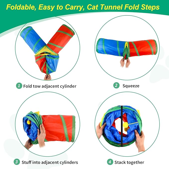 Cat Tunnel for Indoor Cats, 4 Way Large Cat Play Tunnel Tube with 12 Springs, Folded Pet Tube with Interactive Peephole, Large Rainbow Pet Tunnels for Indoor Kitten Rabbit