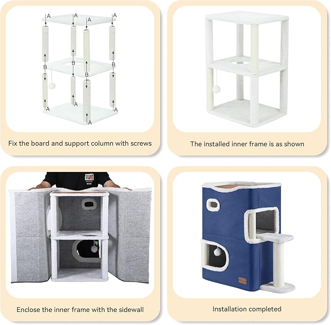 YITAHOME 2-Tier Cat House: Indoor Cat Cave Bed Playhouse, Covered Cat Beds & Furniture with Scratch Pad and Hideaway Cave, Cute Modern Cat Condo Furniture for Multi Small Cats, Blue