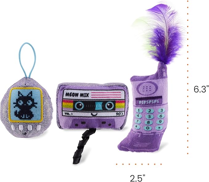 Catstages So Meowsome 90s Cat Toys, 3-Pack Catnip Plush Toys with Crinkle, Feathers & Dental Mesh, Multicolored