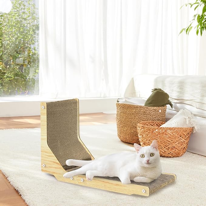 L Shape Cat Scratcher, 26 Inch Cat Scratch Pad, Cat Scratching Board with Built-in Ball Toy, Indoor Cats Cardboard Lounge Bed, Wall Mounted Cat Scratcher for Wall and Furniture Protection