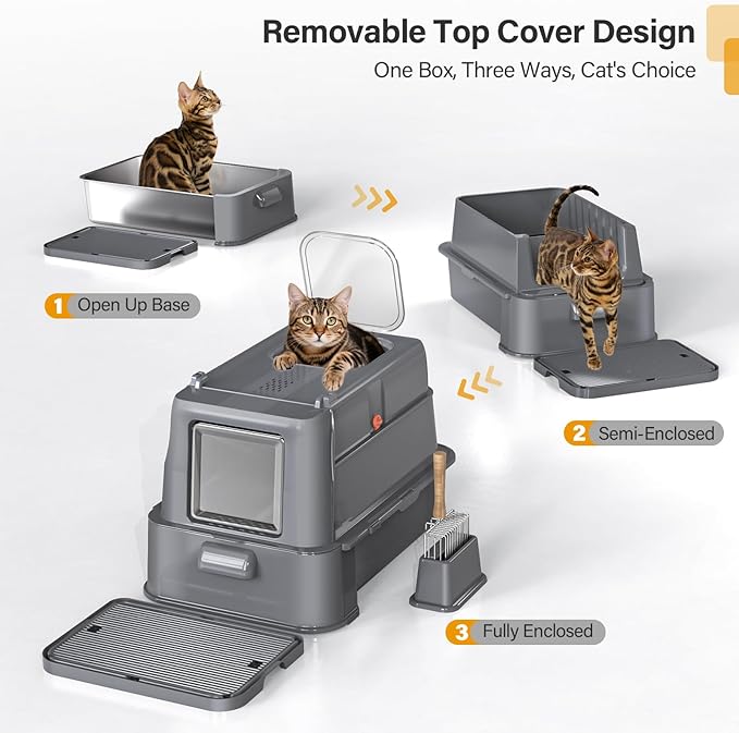 Enclosed Stainless Steel Cat Litter Box with Lid，XL Large Metal Cat Box with Drawer for Big Cats,Top Exit Kitty Litter Box Includes Scoop, Filter Pedal,Odor Control, Easy Cleaning