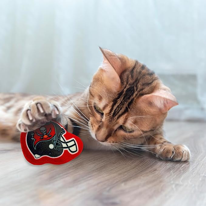 BEST PLUSH CAT TOY - NFL TAMPA BAY BUCCANEERS Complete Set of 3 piece Cat Toys filled with Fresh Catnip. Incld: 1 Helmet Cat Toy, 1 Football Cat Toy with Feathers & 1 Beer Bottle. Beautiful Team LOGOS