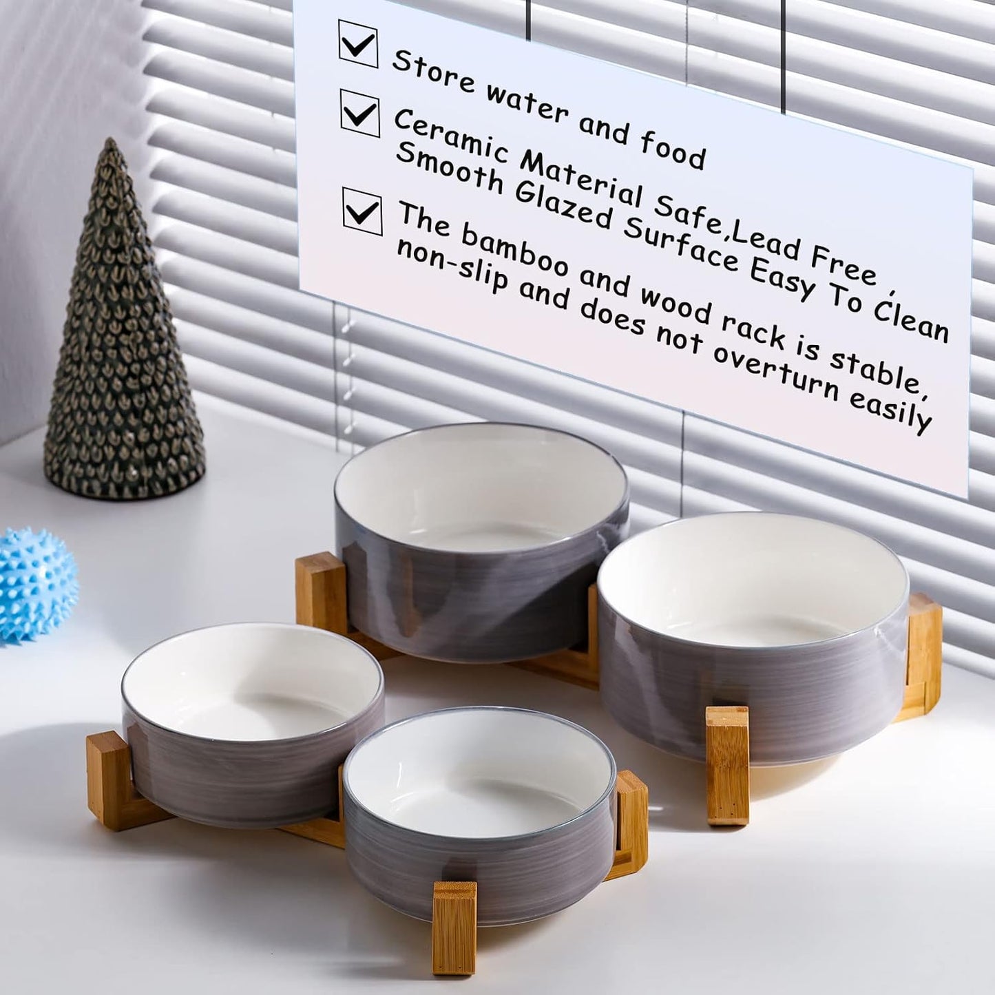 Petygooing Dog Bowls,Ceramic Cat Dog Bowl Set with Wood Stand for Food and Water,Non-Slip Weighted Cute Pet Dish Set for Cats and Medium Size Dogs (28OZ/6.1 in) Grey White