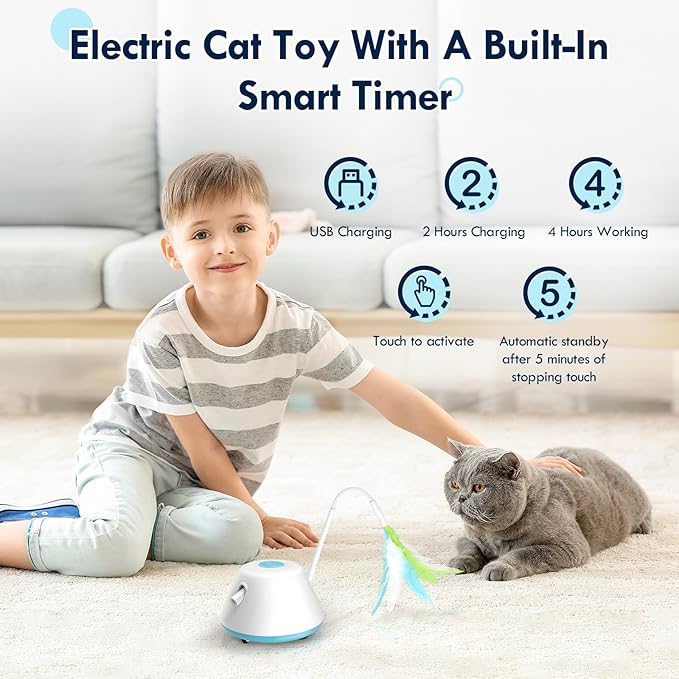 Automatic Cat Toy Interactive Cat Toys for Indoor Cats with 3 Removable Feathers & 3 Speed Play Modes,USB Rechargeable Smart Excercise Toy for for Multi-cat Family Adult Bored Kittens