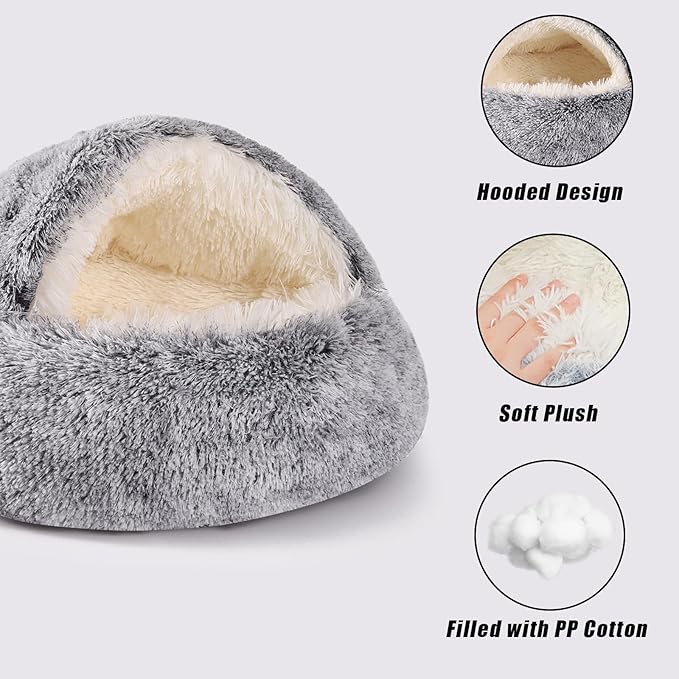 Round Hooded Cat & Dog Bed with Cover Cave, Faux Fur Cuddler - Self Warming Donut Bed Fits up to 22 lbs Pets (Gray, 24" x 24")