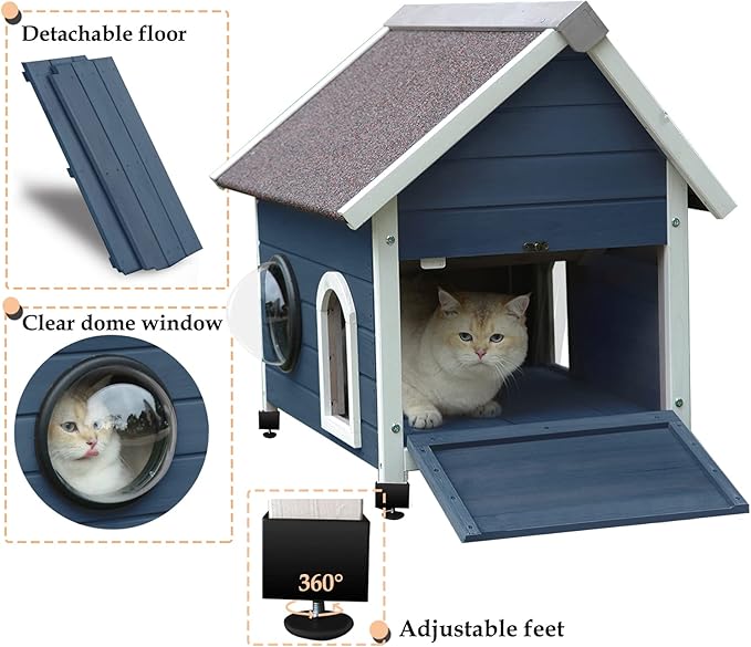 Rockever Outdoor Cat House, Feral Cat House Outdoor Weatherproof with Escape Door and Clear Windows for 2 Cats（Blue）