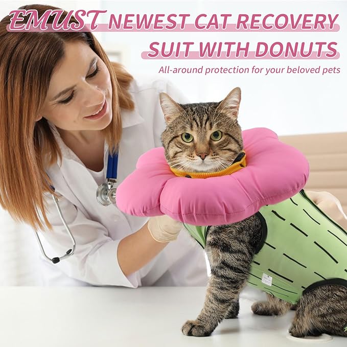 EMUST Cute Cat Recovery Suit and Adjustable Flower Cone Collar Set - Soft Surgical Suit for Abdominal Wounds, Cat Cones After Surgery for Female Kittens Under 4lb (Green)