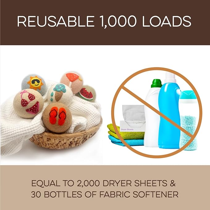 Fluff Ewes Wool Dryer Balls 6 Pack Premium New Zealand Wool Laundry Balls for Dryer, No Static Dryer Balls Laundry Reusable, XL Wool Dryer Balls Cute, Baby Dryer Balls for Dryers - Fun in The Sun