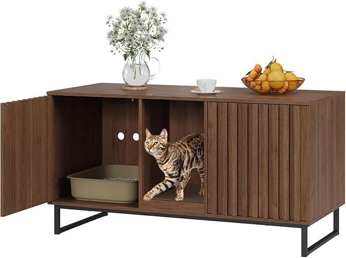 Cat Litter Box Enclosure for 2 Cats, 47.6’’ Litter Box Furniture Hidden with Scratch Pad, Double Room Large Cat Cabinet, Indoor Pet House TV Stand Side Table,Cats Washroom, Brown