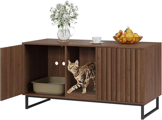Cat Litter Box Enclosure for 2 Cats, 47.6’’ Litter Box Furniture Hidden with Scratch Pad, Double Room Large Cat Cabinet, Indoor Pet House TV Stand Side Table,Cats Washroom, Brown