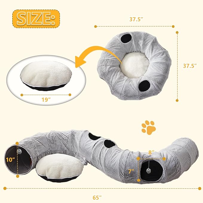 Cat Tunnel Bed for Indoor Cats - Cute Cat Donut Tunnel with Washable Circle Cushion, Round Pet Play Tunnel Toy for Kitten/Puppy/Rabbit,Grey