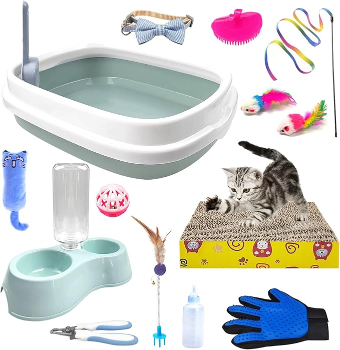 Kitten Starter Kit - 15 Piece Cat Essentials Set Includes Litter Box, Toys, Collars, Scratch Pad, Nail File, Automatic Feed Bowls, Grooming Gloves