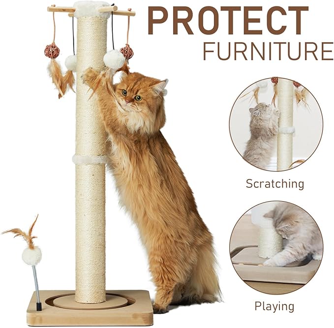 PEEKAB Cat Scratching Post 33 Inches Tall Large Sisal Scratch Posts with Track Ball Toys for Indoor Cats and Kittens,Vertical Scratcher Toy Beige