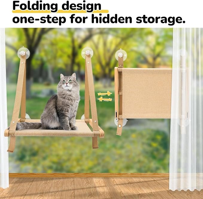 CATISM Cushion Cat Window Perch - Hammock - Window - Seat - Home - Cat Bed for Small to Medium Indoor Cats, Wooden, Machine Washable Cover, Foldable (Khaki, Cushion Bed Cover)