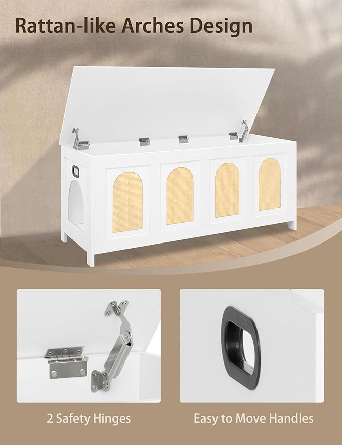 DINZI LVJ Cat Litter Box Enclosure, Flip Top Litter Box Furniture, Rattan-Like Hidden Cat Washroom, Wooden Pet House, End Side Table, 47.2" L x 18.7" W x 19.7" H, Easy to Assemble, White with Rattan