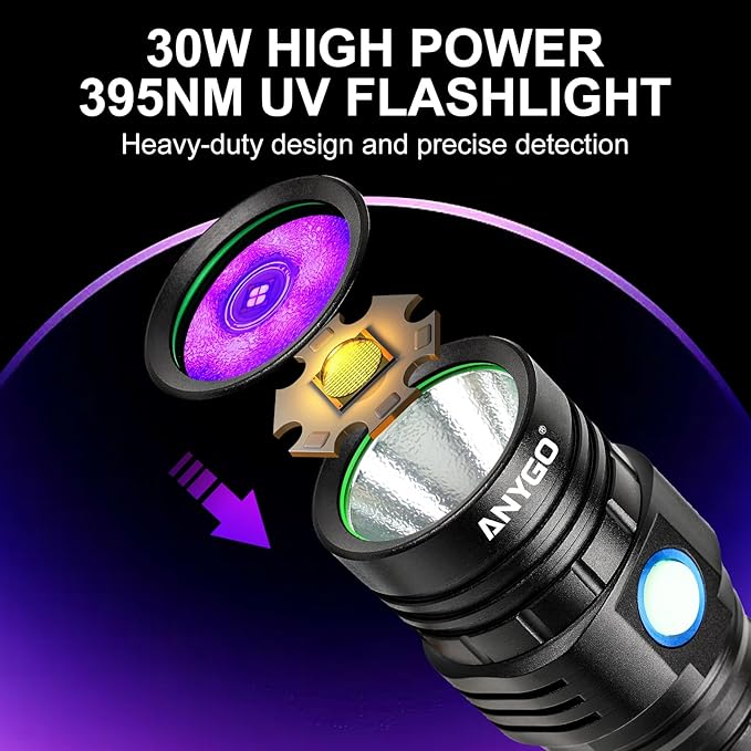 395nm Black Light Flashlight, 30W Rechargeable UV Flashlight, Ultraviolet Bright UV Led Torch for Pet Urine & Bed Bug Detector, Dry Stains, Ore and Jade, Durable and Strong (395 nM)
