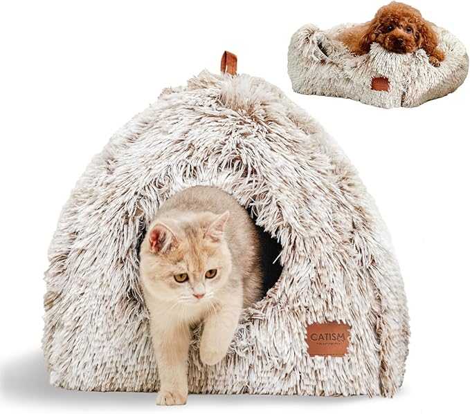CATISM Cat Bed, Cat Cave for Indoor Cats, Soft Cat Dome, Self-Warming 2 in 1 Foldable Pet Cat House with Washable Cushioned Pillow Calming Fluffy Dog Beds for Small Dogs with Anti-Slip Bottom Brown L
