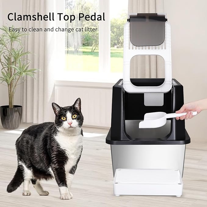 RIZZARI Stainless Steel Cat Litter Box, Odorless Enclosed Litter Box with Top Holes, Large Litter Pan for Small to Large Sized Cats (Deep Black, 23.8" L*15.9" W*18" H)