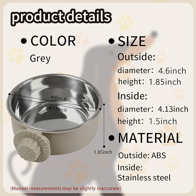 2Pcs Pets Lightweight Stainless Steel Bowl,Removable Stainless Steel Pet Hanging Food Water Feeder Bowl Cage Coop Cup for Puppy Medium Dog Cat Rabbit Ferret Bird Gunea Pigs (Gray, S)