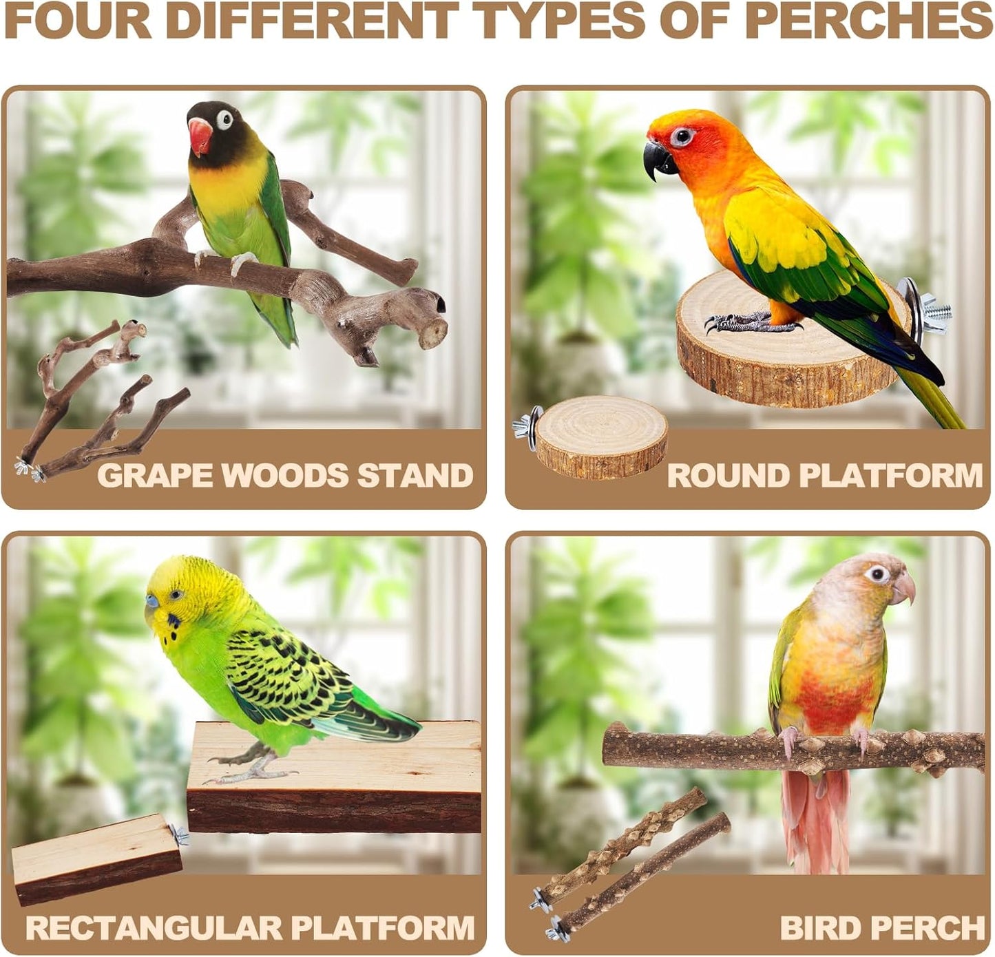 6-Piece Bird Perch Set - Natural Wood Grape Sticks, Paw Grinding Forks, Bird Stand & Toys for Parakeets, Cockatiels, Conure, Budgies