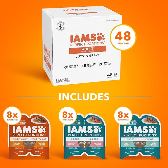 IAMS Perfect Portions Adult Wet Cat Food Cuts in Gravy, Chicken, Tuna, and Salmon Recipe Variety Pack, 2.6 oz. Easy Peel Twin-Pack Trays (24 Count, 48 Servings)