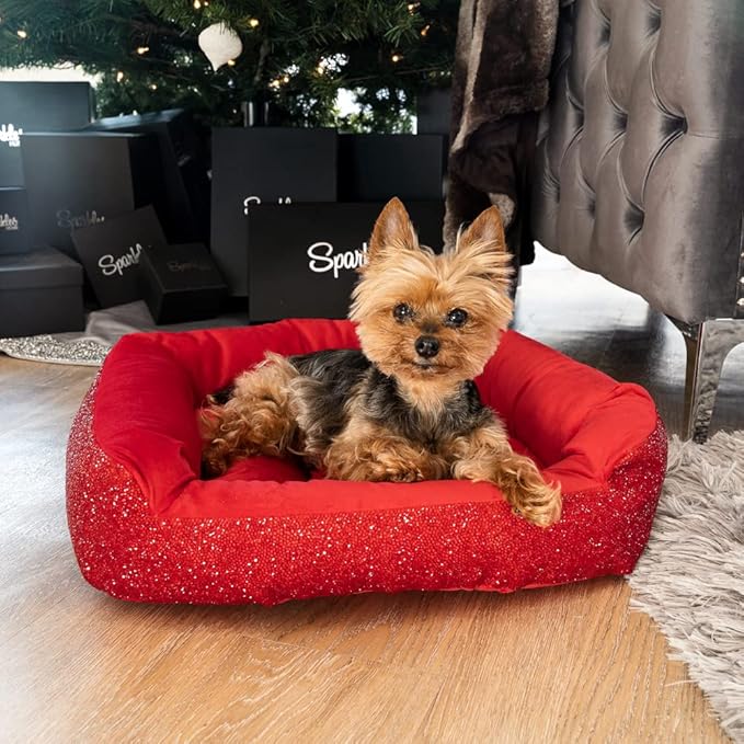 Pet Bed, Sparkling Rhinestones, Soft, Comfortable Velvet, for Lounging Dogs, Cats, Pets, Red, Large, Sold Individually
