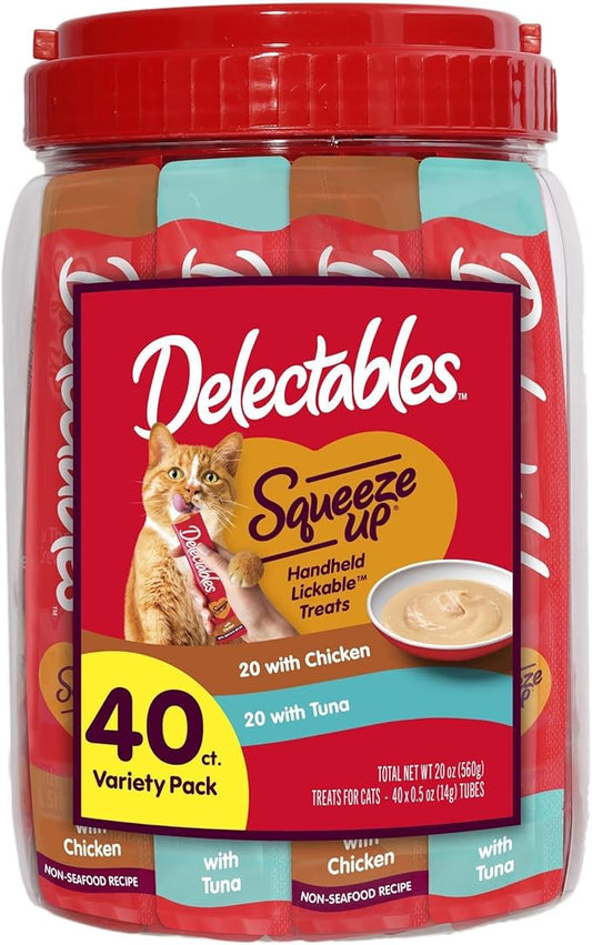 New! Delectables Squeeze Up Variety Pack, Creamy Squeezable Puree, Lickable Wet Cat Treats, Grain-Free, No Added Fillers, 0.5 Ounces Tube, 40 Tubes Total
