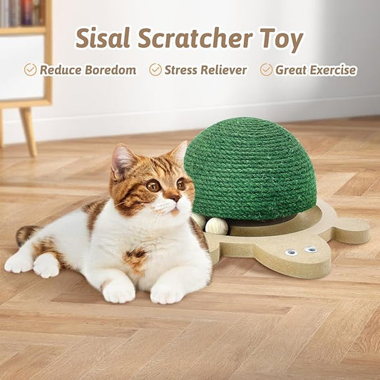 Fhiny Cats Scratching Ball, Natural Sisal Scratching Toy with Roller Track Toys and Wooden Base Kitten Turtle Shape Scratch Post for Indoor Cats Interactive Training Exercise Scratcher for Small Pets