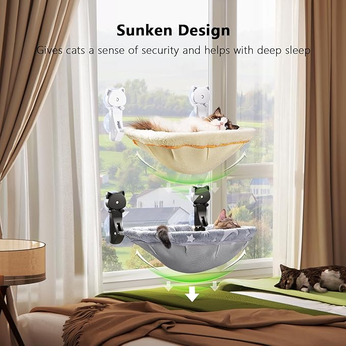 Cat Window Perch Cordless, Glow in The Dark & Stable Cat Beds- Breathable Window Hammock for Overlooking, Sunbathing and Climbing - Maximum Hold Up to 40lb(Grey+Cream)