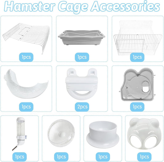 PINVNBY Dwarf Hamster Cage, Small Animal Cages, 2-Tier Travel Portable Mouse Cage Hamster Carrier with Castle House Running Exercise Wheels, Water Bottle and Food Dis（Gray）