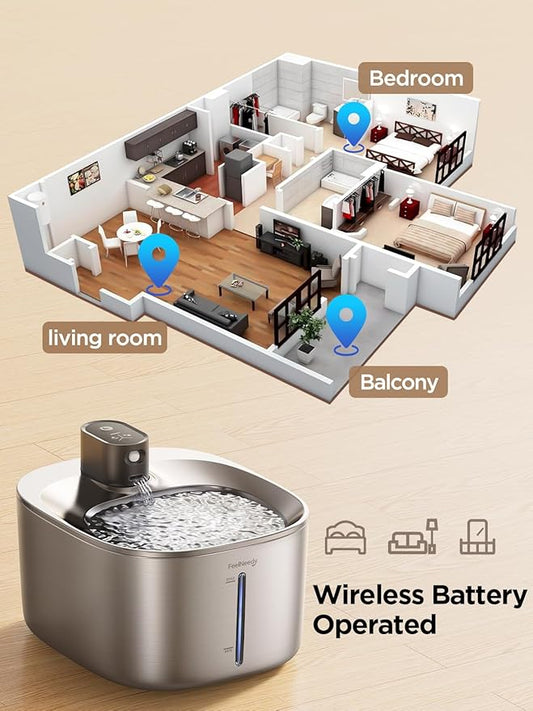 Wireless Cat Water Fountain Stainless Steel with Sensor, 4000mAh Battery Operated, 4L/135fl oz Pet Water Fountain for Cats Dogs, Ultra Quiet Cat Drinking Fountain with 2 Filters (YPD-C004S)