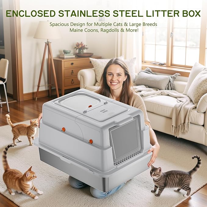 Stainless Steel Litter Box with Lid, 28" XXXL Large Cat Litter Box Enclosure for Multiple Cats, Odor Control with Carbon Filters, Anti-Leak High Sided, Includes Removable Lid & Scoop Light Gray